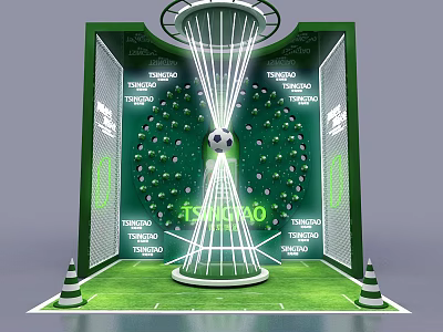 Green Soccer Ball Display With TSINGTAO Branding And Illuminated Lighting Setup 3d model