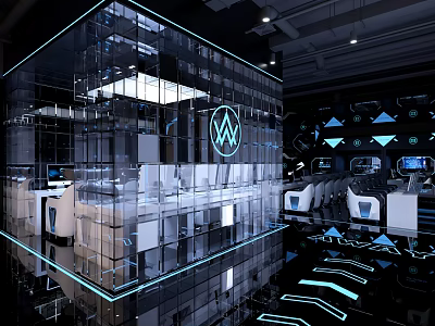 Modern Futuristic Cyber Cafe with Glass Curtain Wall Illuminated Logo Hi-Tech Gaming Equipment Black Tone 3d model