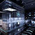 Modern Futuristic Cyber Cafe with Glass Curtain Wall Illuminated Logo Hi-Tech Gaming Equipment Black Tone