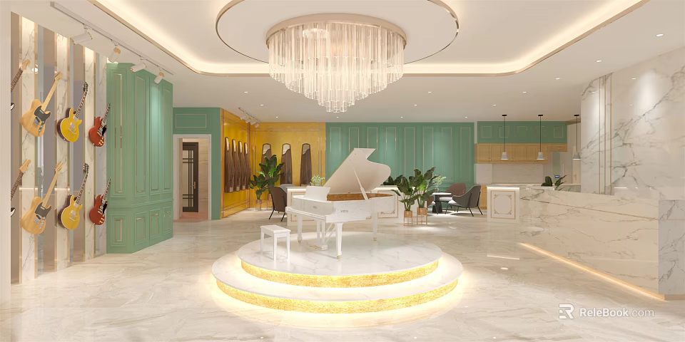 Elegant Boutique Interior Design With Chandelier White Piano Green Walls Plants And Marble Floor 3d model 