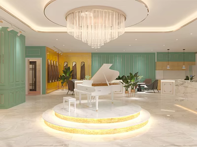 Elegant Boutique Interior Design With Chandelier White Piano Green Walls Plants And Marble Floor 3d model