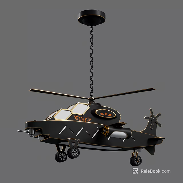 Helicopter Shaped Black Metal Chandelier With Detailed Propellers Windows And Wheels 3d model 
