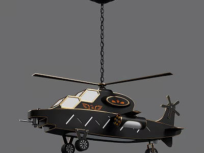 Helicopter Shaped Black Metal Chandelier With Detailed Propellers Windows And Wheels 3d model