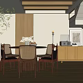 Vintage Middle Ancient Style Restaurant Sideboard Green Plant Log Style Middle Ancient Dining Table and Chair Combination 3d model