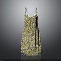 Women's Spaghetti Strap V Neck Mid Length Dress With Yellow And Black Floral Print