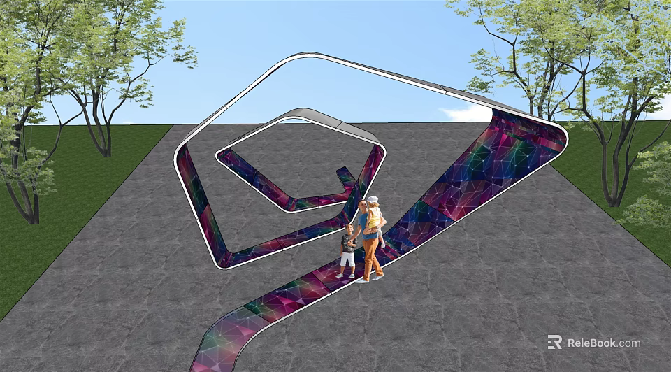 Colorful Spiral Pergola with Gray Pavement Surrounded by Trees and People Walking 3d model 