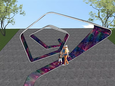 Colorful Spiral Pergola with Gray Pavement Surrounded by Trees and People Walking 3d model