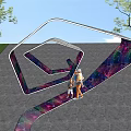 Colorful Spiral Pergola with Gray Pavement Surrounded by Trees and People Walking