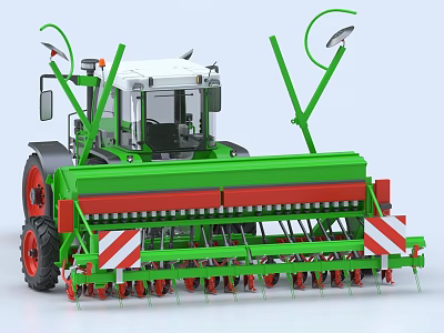 Green Agricultural Functional Tractor With Mounted Seeder Red Wheels And Warning Signs 3d model