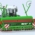 Green Agricultural Functional Tractor With Mounted Seeder Red Wheels And Warning Signs