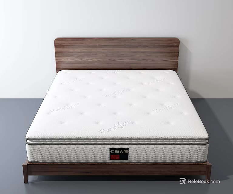 Modern Double Bed With Wooden Headboard And White Quilted Mattress Frame 3d model 