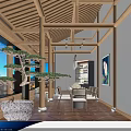Chinese Style Private Dining Room With Wooden Structure Long Table Chairs And Pendant Lights