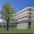 Modern Hotel Building with Curved Exterior Design Surrounded by Green Lawn Trees and Glass Windows