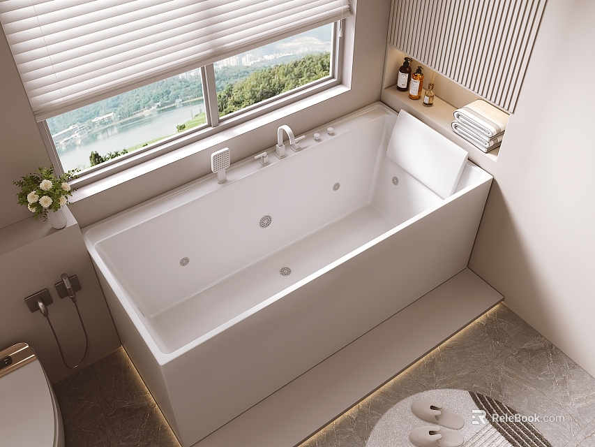 White Freestanding Bathtub With Vertical Striped Wall Window Scenic View Bath Products And Towels 3d model 