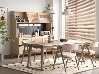 Modern Wooden Dining Table Set With Chairs Sideboard Pendant Lights And Blinds 3d model