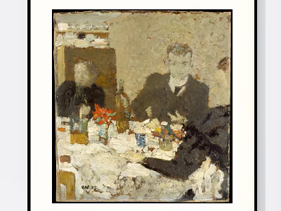 Figure Painting Of People Gathered Around Indoor Dining Table With Flowers And Items 3d model