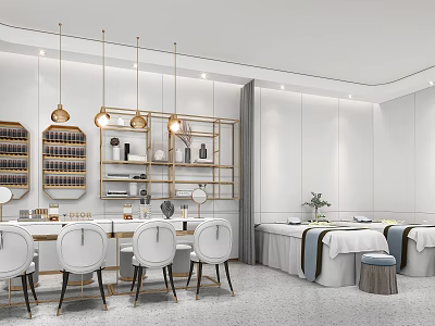 Modern Elegant Beauty Hair Salon Interior Design With White Chairs Treatment Beds And Product Shelves 3d model