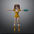 3D Character Model With Pigtails Orange Jumpsuit Blue Gloves And Outstretched Arms