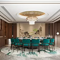 Chinese Style Private Dining Room With Round Table And Teal Chairs 3d model