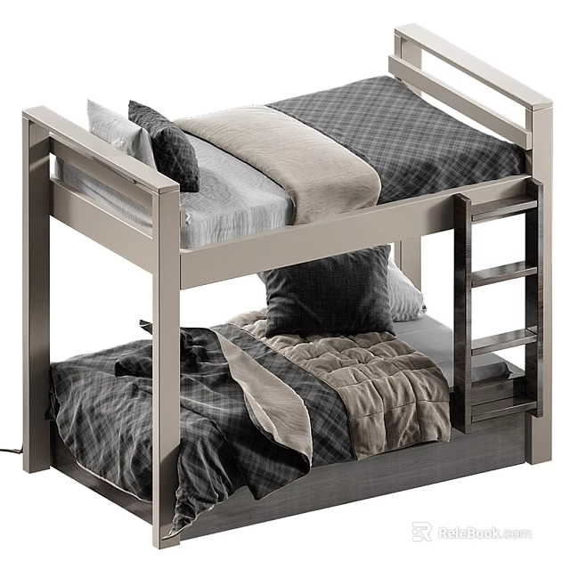 Wooden Bunk Bed with Upper and Lower Mattresses Gray Beige Bedding and Ladder 3d model 