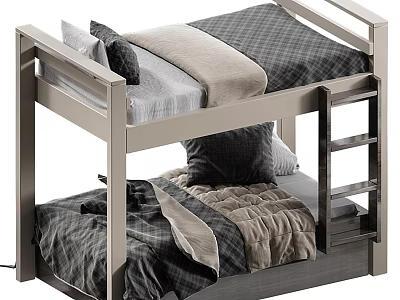Wooden Bunk Bed with Upper and Lower Mattresses Gray Beige Bedding and Ladder 3d model