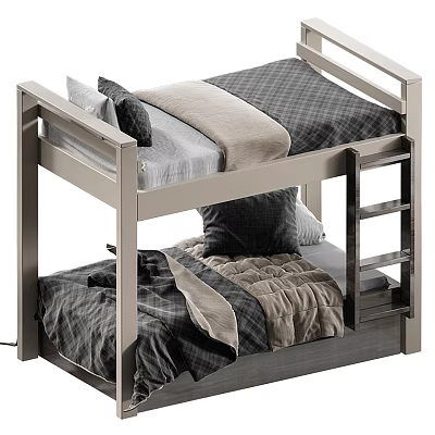 Wooden Bunk Bed with Upper and Lower Mattresses Gray Beige Bedding and Ladder 3d model