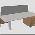 Modern Office Desk With White Tabletop Grey Divider Panel Wooden Drawer Cabinets And Metal Legs