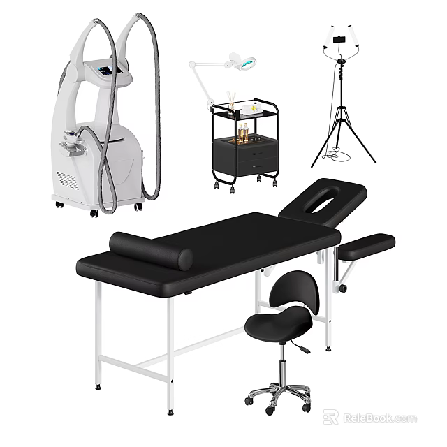 Professional Medical Equipment Setup Including Black Treatment Table Mobile Cart And Surgical Lamp 3d model 