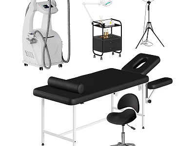 Professional Medical Equipment Setup Including Black Treatment Table Mobile Cart And Surgical Lamp 3d model