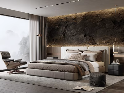 Modern Luxury Double Bed Interior With Textured Wall Plush Pillows And Large Window 3d model