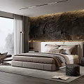 Modern Luxury Double Bed Interior With Textured Wall Plush Pillows And Large Window