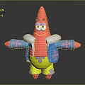 Happy Cartoon Starfish Character With Red Body Blue Coat Yellow Shorts And Pink Purple Flowers