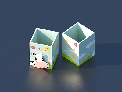Cute Cartoon Storage Boxes With Cow Cloud Flower Patterns And Light Blue Green Base 3d model
