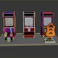 Three Colorful Computer Arcade Machines With Space Invaders Theme And Character Designs On Silver Base