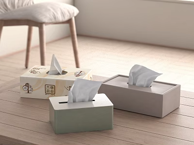 Different Colored Tissue Boxes On Wooden Table In Minimalist Home Interior 3d model