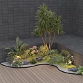 Lush Plant Combination in Corner Space with Wooden Floor Gray Brick Walls Ferns and Flowers