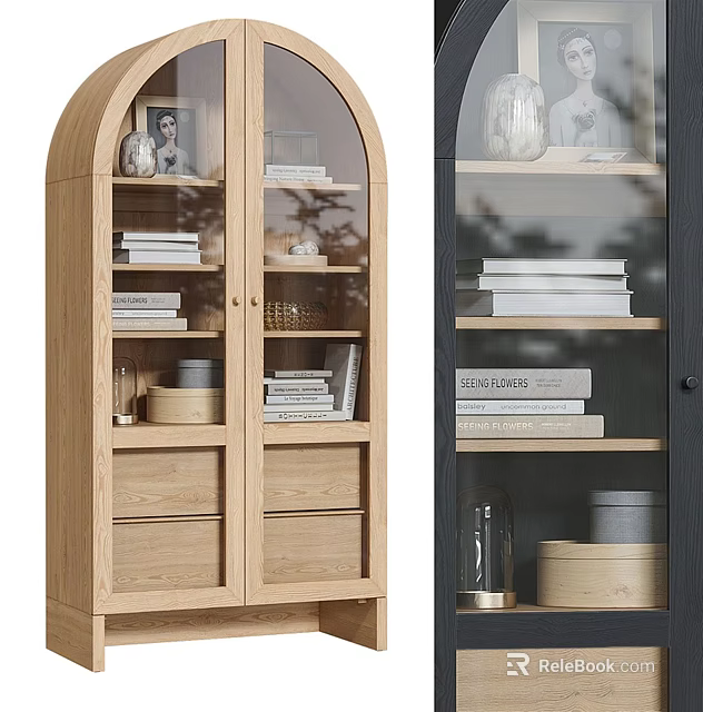 Wooden Storage Cabinets with Glass Doors Open Shelves Books and Decorative Items 3d model 