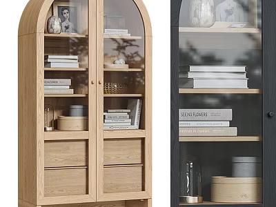 Wooden Storage Cabinets with Glass Doors Open Shelves Books and Decorative Items 3d model
