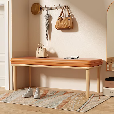 Modern Padded Shoe Bench With Wooden Legs And Hanging Bags Near Shoes On Floor Rug 3d model