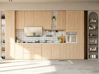 Modern Kitchen Interior With Light Wooden Cabinets Range Hood Tile Backsplash And Stove 3d model