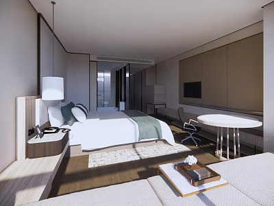 Modern Hotel Guest Room Interior With Comfortable Bed Hanging Lamp Flat Screen TV Round Table 3d model