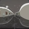 Cultural Center Interior With Exhibits Paintings Glass Display Cases Arched Ceiling And Skylights