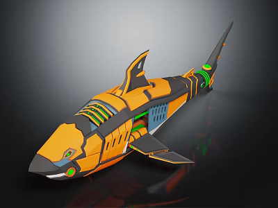 Electric Toy Shark With Orange And Black Mechanical Design And Green Accents 3d model