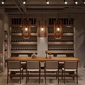 Rustic Restaurant Interior With Wooden Dining Table Chairs Pendant Light And Decorative Partition 3d model