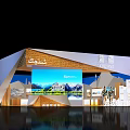 Xinjiang Themed Exhibition Booth Featuring Mountain Lake Views Traditional Architecture Human Figures And Digital Screens