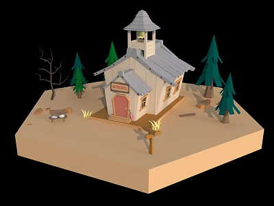 Cartoon Scene With Small Church Building Green Pine Trees Bench Campfire Bell Tower Sandy Base 3d model