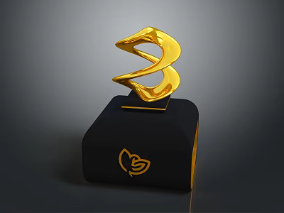 Elegant Black Display Cabinet With Golden Trophy Ornament And Logo Design 3d model
