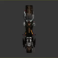 Futuristic Motorcycle with Sleek Black Reflective Body Yellow Accents Thick Tires Blue LED Wheel Lights