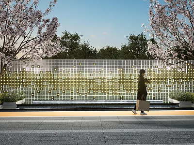 Scenic Mosaic Feature Wall With Cherry Blossom Trees And Pedestrian Under Blue Sky 3d model