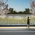 Scenic Mosaic Feature Wall With Cherry Blossom Trees And Pedestrian Under Blue Sky